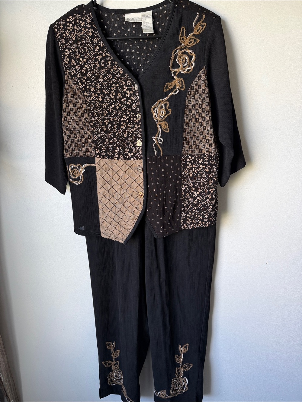 Koret Black and Beige Patchwork Embroidered set top & pants